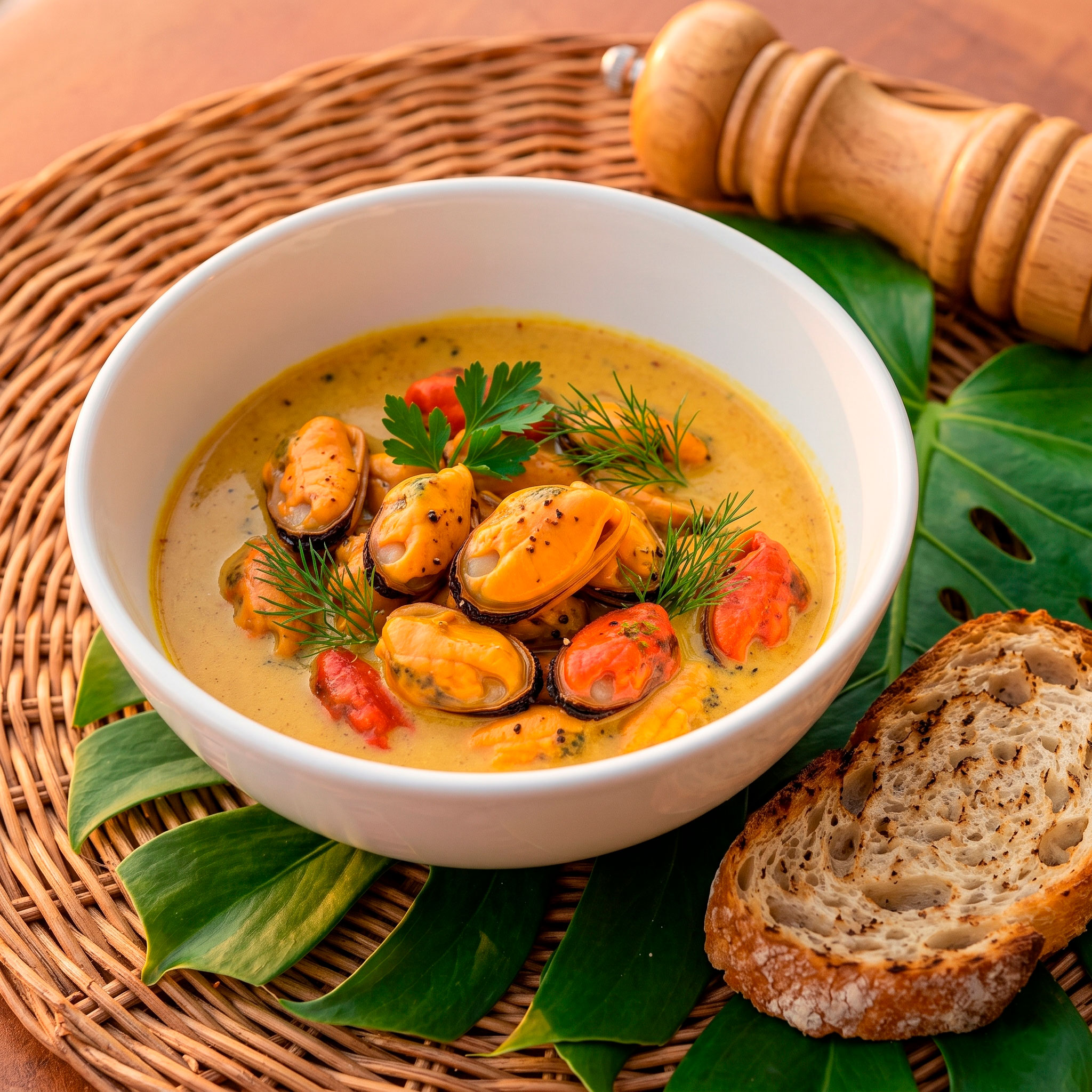 Mexilhões no Leite de Coco com Caldo Açafronado