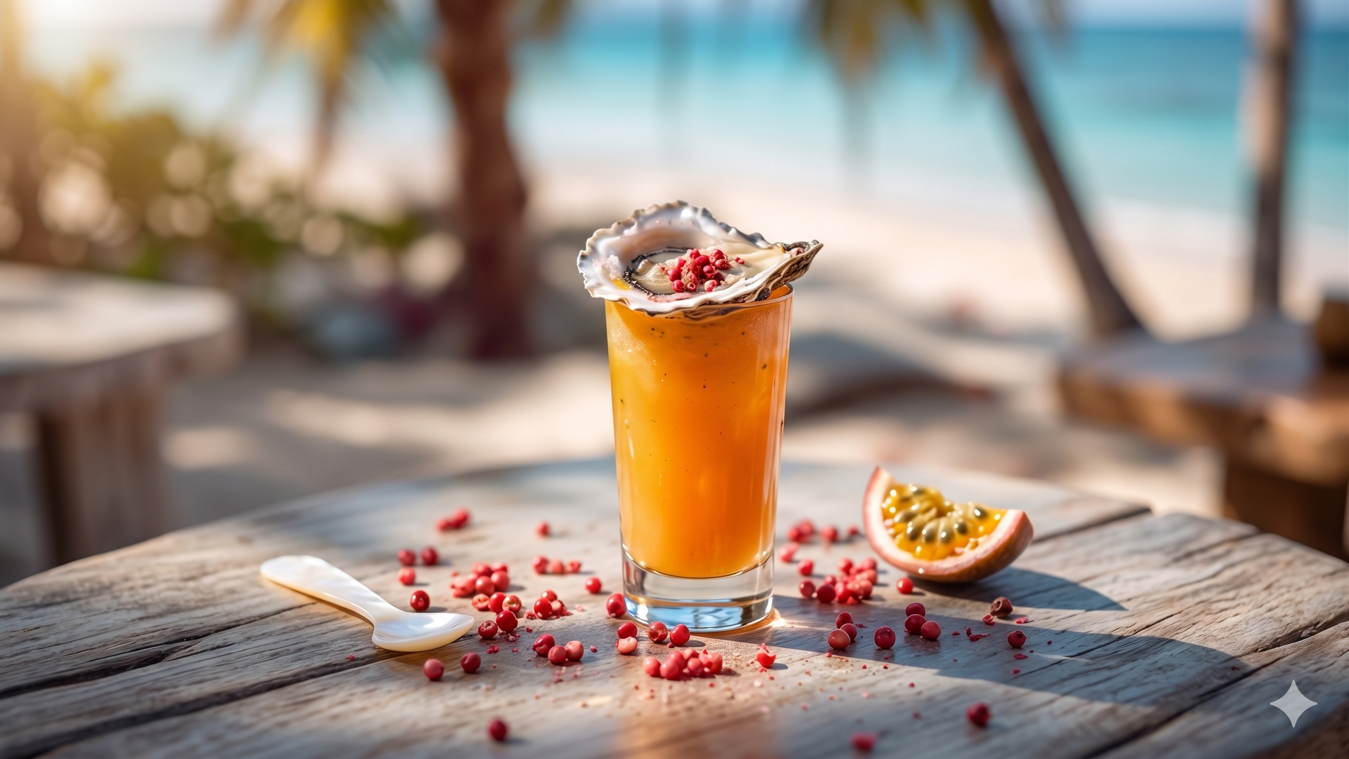 Shot de Ostra com Maracujá, Gin e Pimenta Rosa